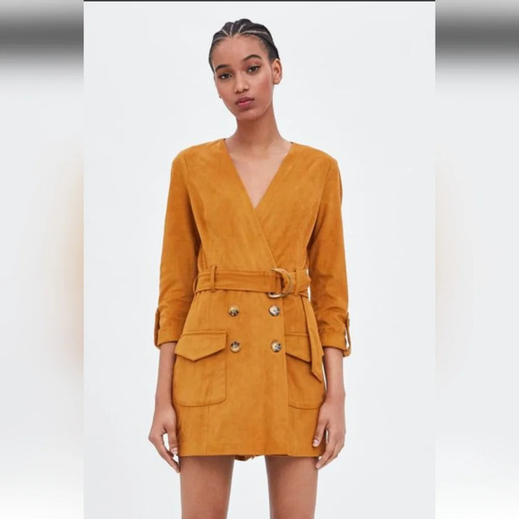 Zara Pants - ZARA Faux suede belted utility mini dress romper. Mustard tan color. Size Medium